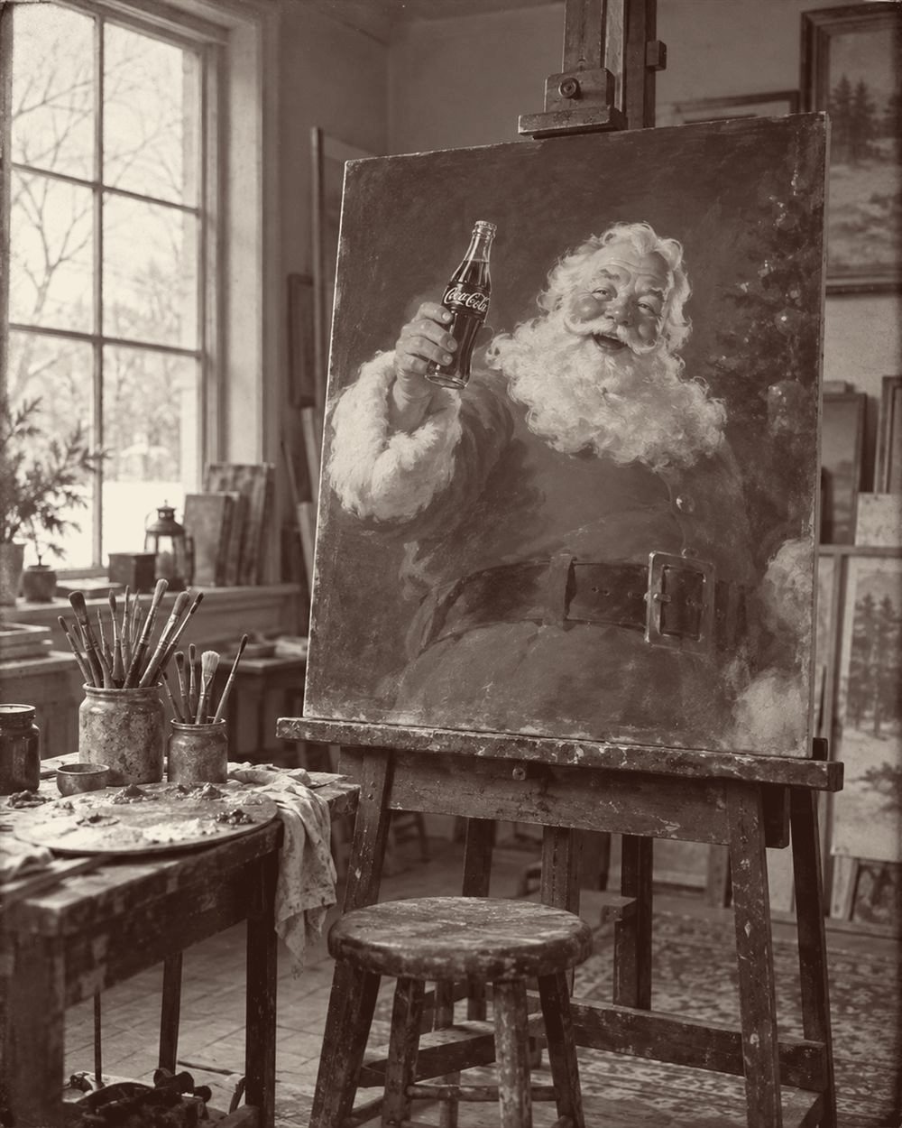 A painting of Santa holding a bottle of Coca-Cola on an easel (AI-generated image)